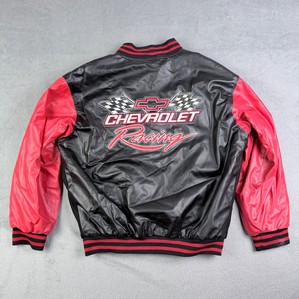 Chevrolet Racing Varsity Jacket Black Red Faux Leather Wool Blend Mens XL